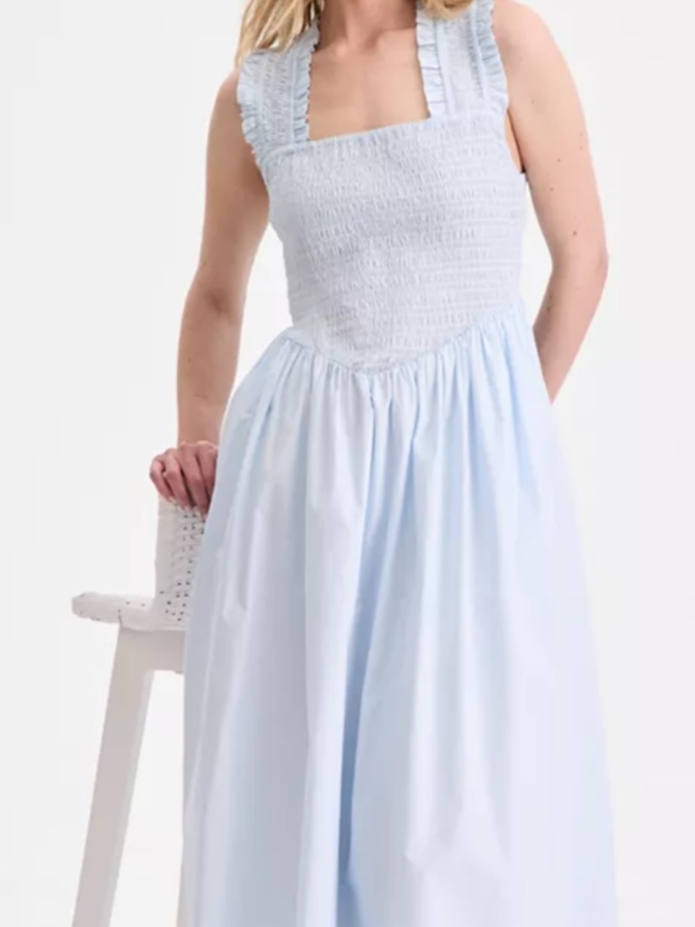Smocked Square-Neck Maxi Dress in Pale Blue